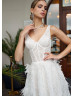 V Neck Ivory Lace Feather Luxury Wedding Dress